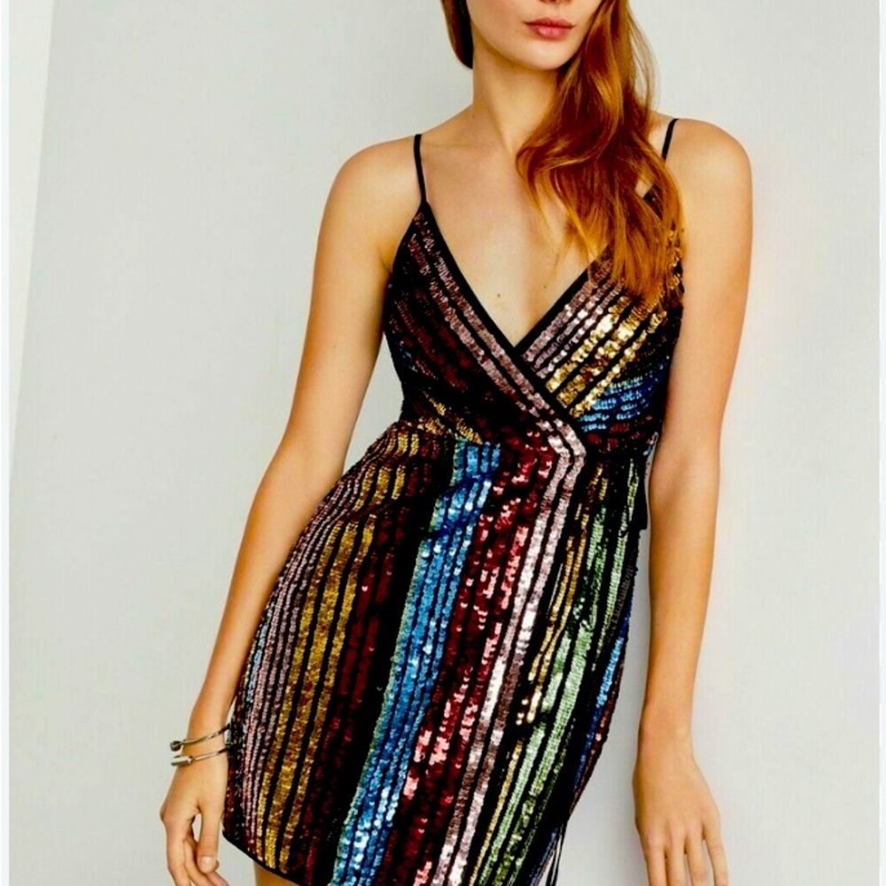 BCBG MaxAzRia striped sequin mini wrap dress